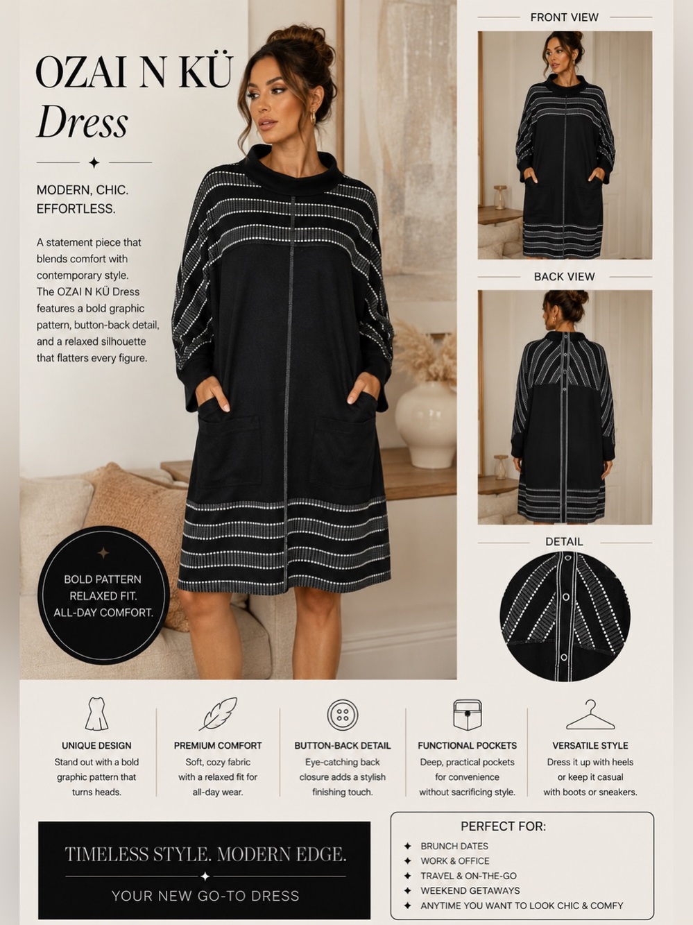 Ozai N Ku Black Oversized Tunic Dress L Striped Pocket Art-to-Wear